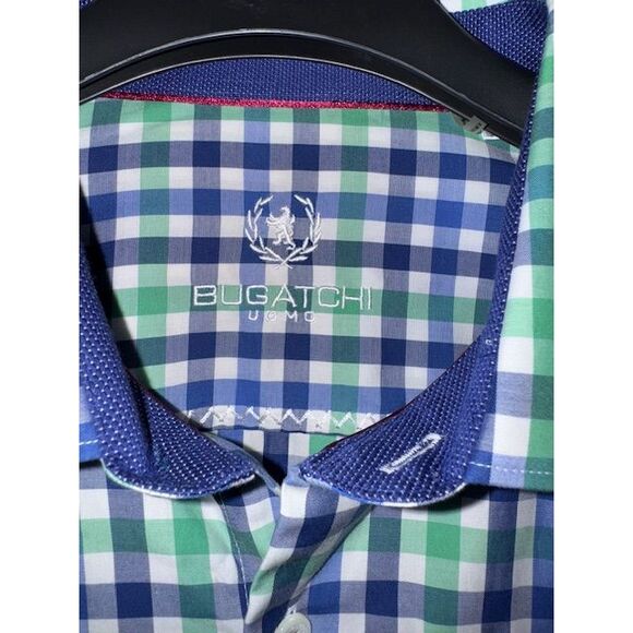 Bugatchi Navy/Green Plaid Button Down Shirt Classic Checkered Long Sleeve - Picture 1 of 6